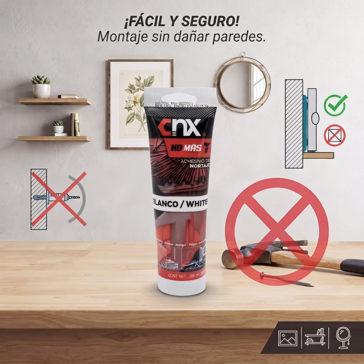 Adhesivo de Montaje Tipo "No Más Clavos" CNX Blanco en Tubo 150 ml (Sustituto de Clavos y Tornillos)