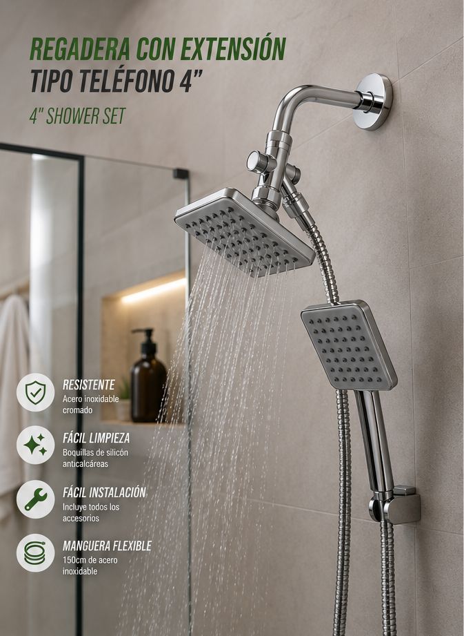 Regadera con Extensión Tipo Teléfono 4" de Lujo - Set Completo Cromado
