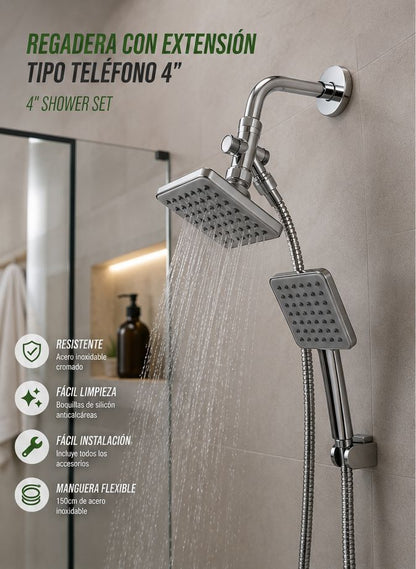Regadera con Extensión Tipo Teléfono 4" de Lujo - Set Completo Cromado