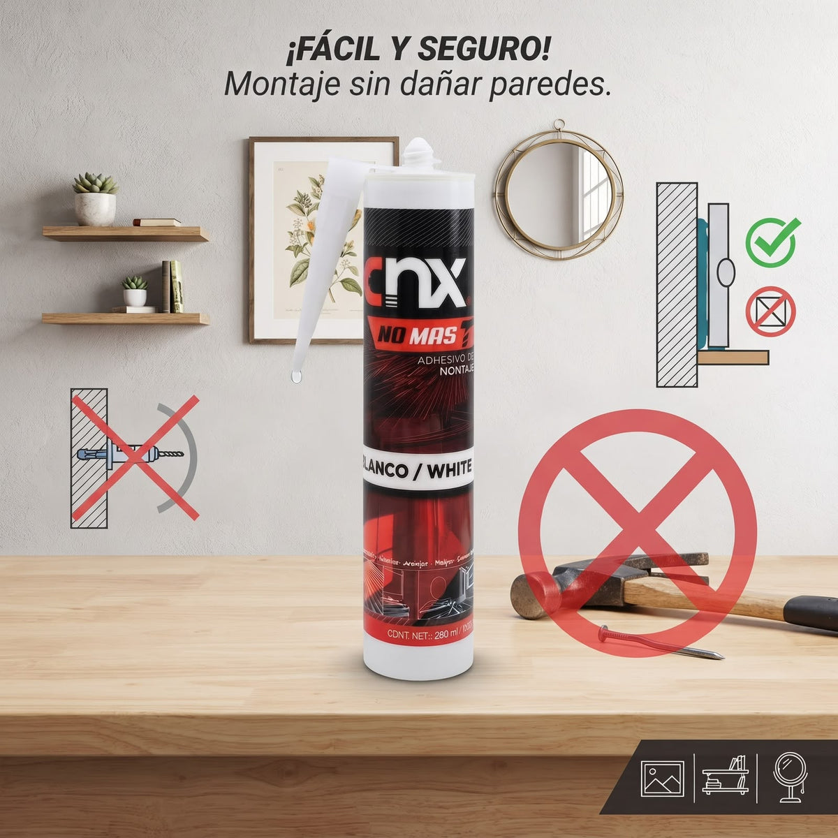 Adhesivo de Montaje CNX "No Más Clavos" Blanco de 280 ml / 385 g (Sustituto de Clavos y Tornillos)
