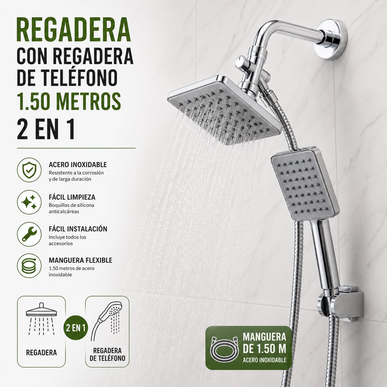 Regadera con Extensión Tipo Teléfono 4" de Lujo - Set Completo Cromado