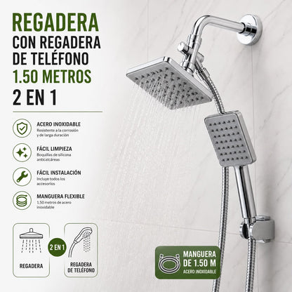Regadera con Extensión Tipo Teléfono 4" de Lujo - Set Completo Cromado