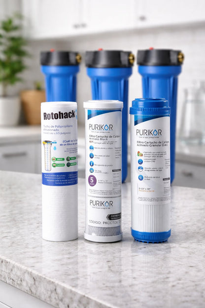Kit de 3 Repuestos para Purificación de Agua: Sedimentos y Carbón Activado Kit de Repuestos para Purificación de Agua: Sedimentos y Carbón Activado
