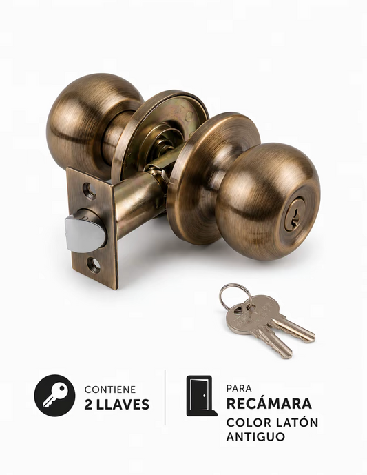Cerradura de Perilla  Latón para Recámara + 2 Llaves