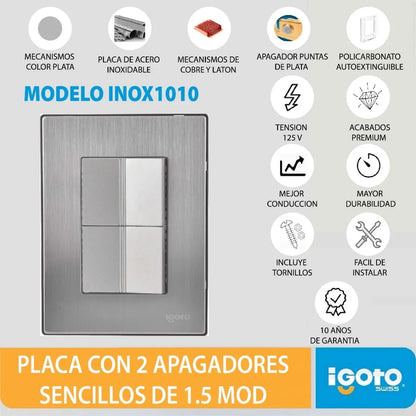 Placa 2 Apagadores Sencillos Plata igoto