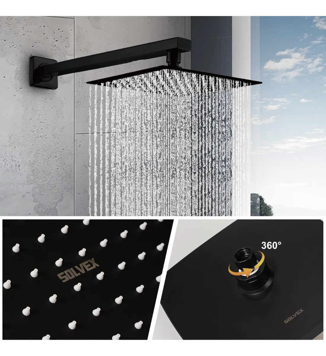 Regadera Cuadrada Solvex 10 Pulgadas Negro Mate