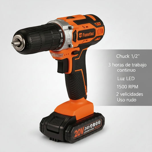 Taladro Inalámbrico  20V 1/2” Profesional con Luz LED USO RUDO Fumetax