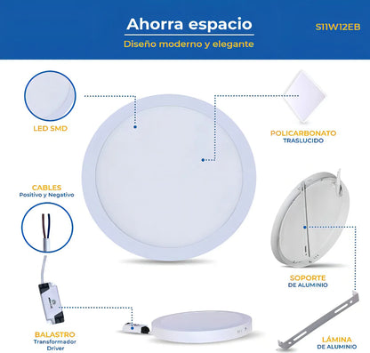 Lampara Panel Led Plafon Sobreponer 17 Cm Redonda Blanca 12w Frio