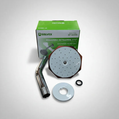 Regadera Octagonal Solvex 3.5 Pulgadas Cromada - Kit Completo con Brazo y Chapeton