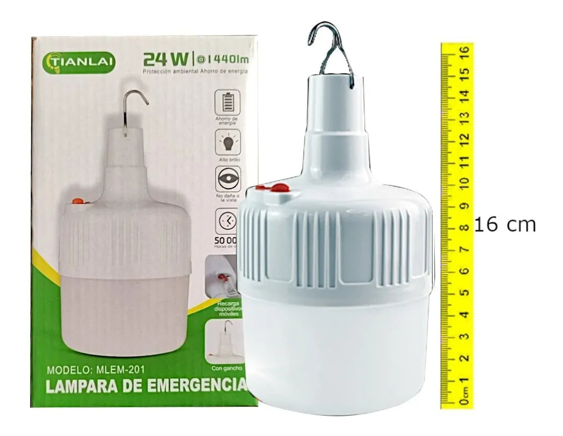 Lampara Led De Emergencia Portatil 24wts  Con Bateria Recargable  Y Gancho Luz Blanco Frío
