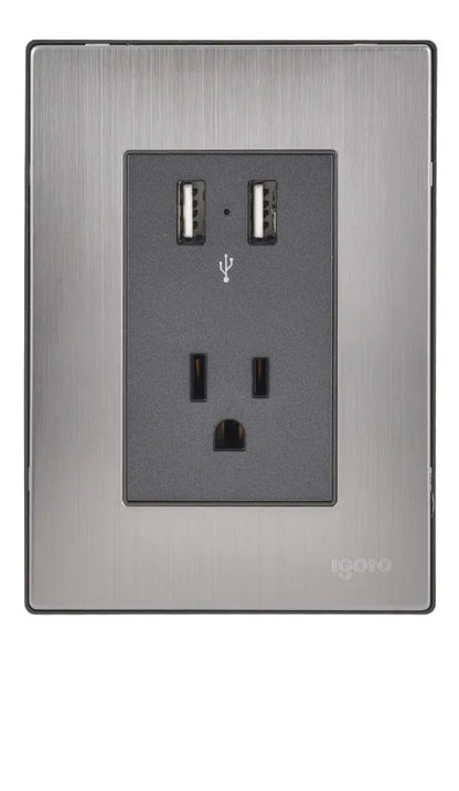Placa Armada Con 2 Mecanismos De Toma Usb Y 1 Contacto Color Plata