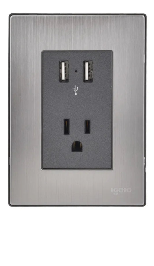 Placa Armada Con 2 Mecanismos De Toma Usb Y 1 Contacto Color Plata