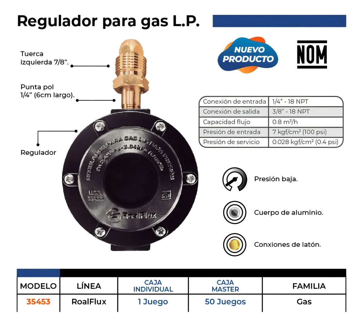 Regulador Gas LP Aluminio 1/4 NPT Lateral Roalflux Baja Presión