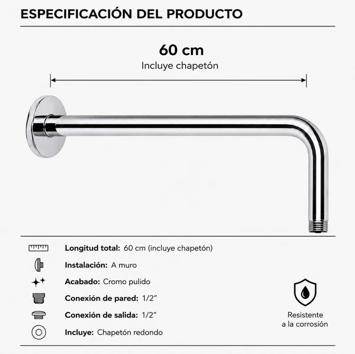 Brazo para regadera Solvex 60 cm inox instalación pared chapetón cromado