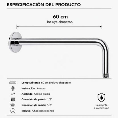 Brazo para regadera Solvex 60 cm inox instalación pared chapetón cromado