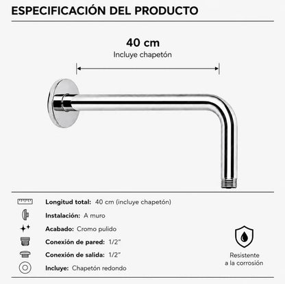 Tubo Para Regadera 40cm Brazo Con Curva Acero Inox Cromado