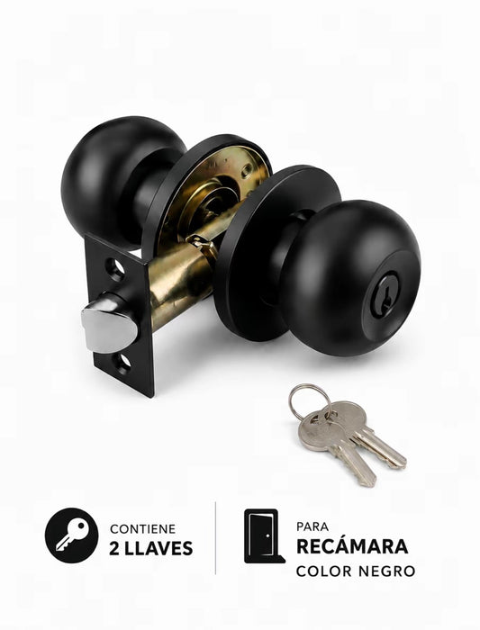 Cerradura de Perilla Negro Mate para Recámara + Llaves
