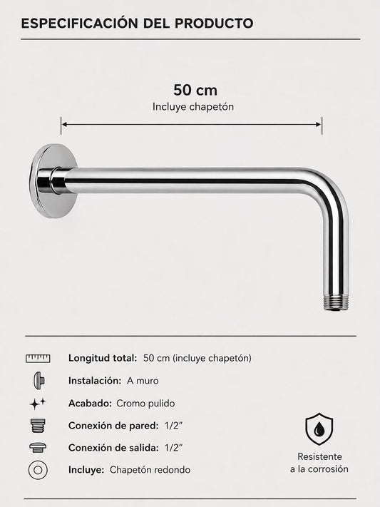 Brazo y Chapetón P/Regadera 50cm  Inoxidable Cromado para Uso Funcional y Duradero