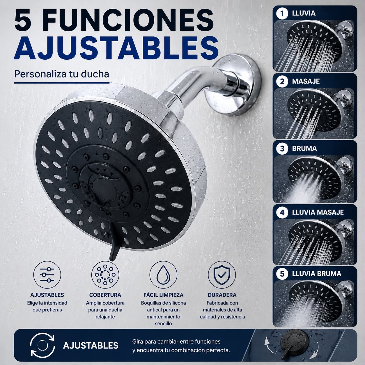 Brazo y Regadera de Lujo  5" con 5 Funciones - Acabado Cromado